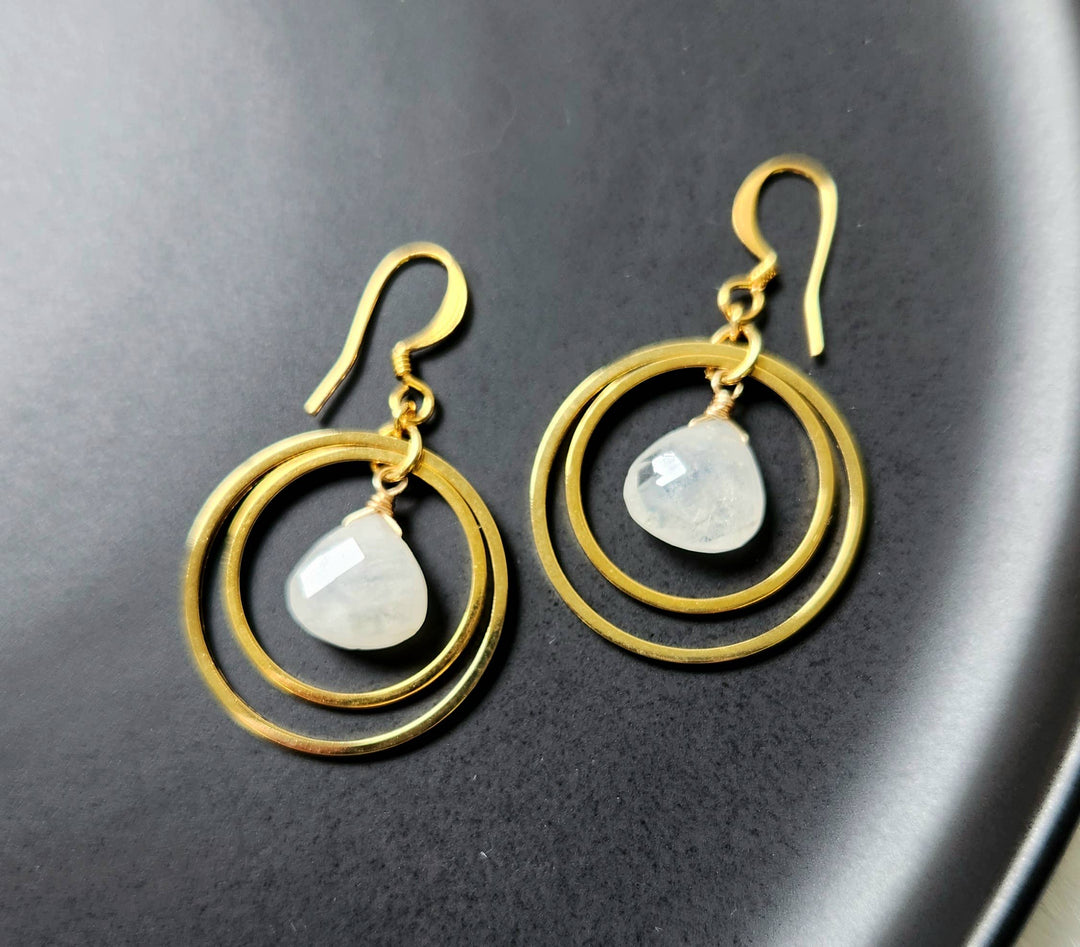 Rainbow Moonstone Gold Circle Earrings