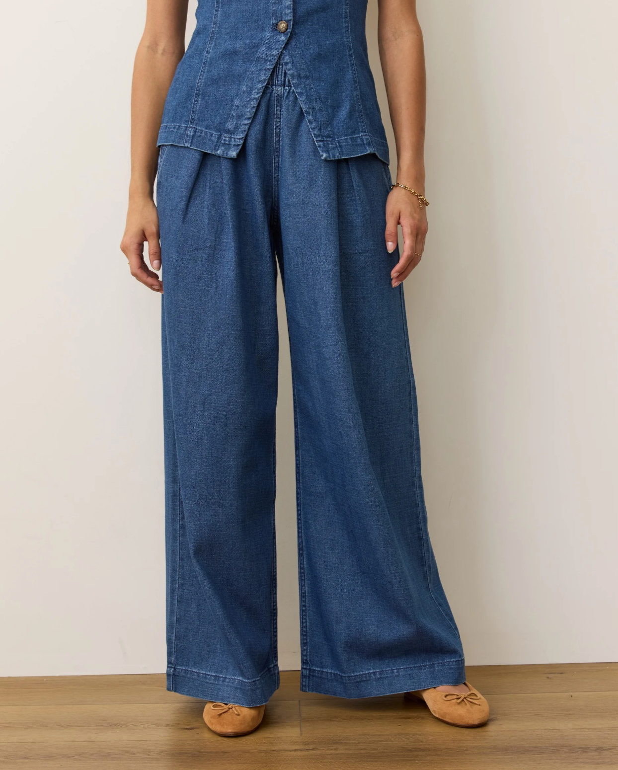 Allison Pleated Wide Leg Denim Trouser in Medium Wash – Poppy Things
