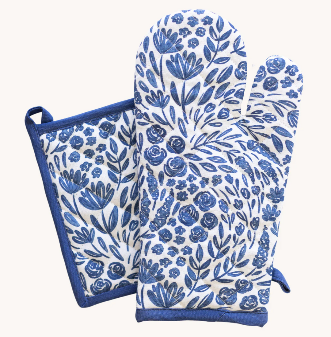 Porcelain Floral Oven Mitt + Pot Holder Set