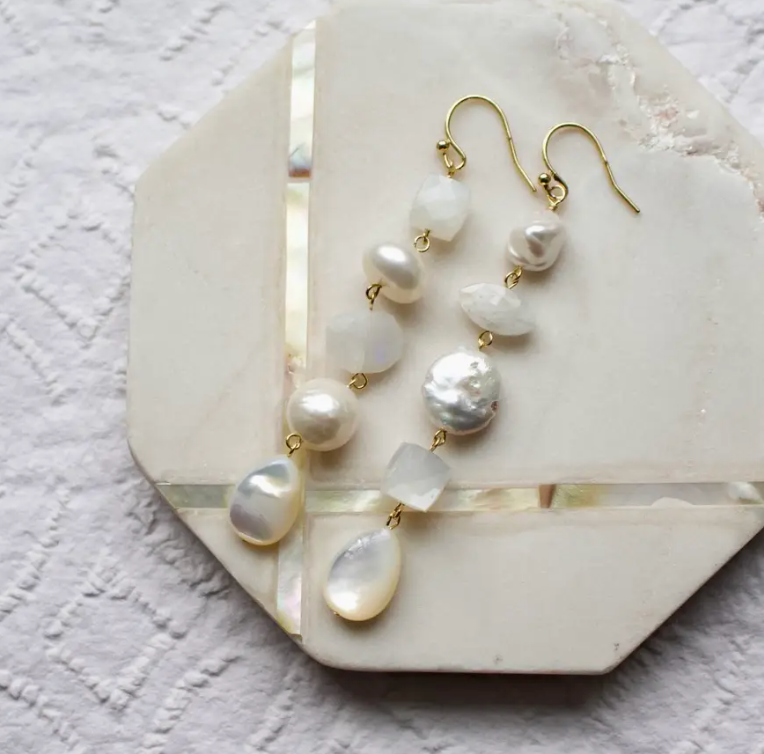 Semi-Precious 3" Mismatched Earrings in Pearl