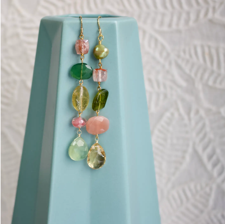 3" Mismatched Earrings in Pink/Green Multi & Gold