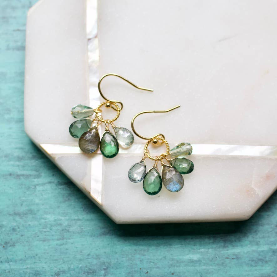 Cluster Earrings in Teal Tourmaline/Lab