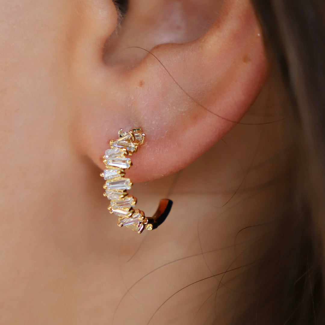 Tapered Baguette CZ Hoops in Gold