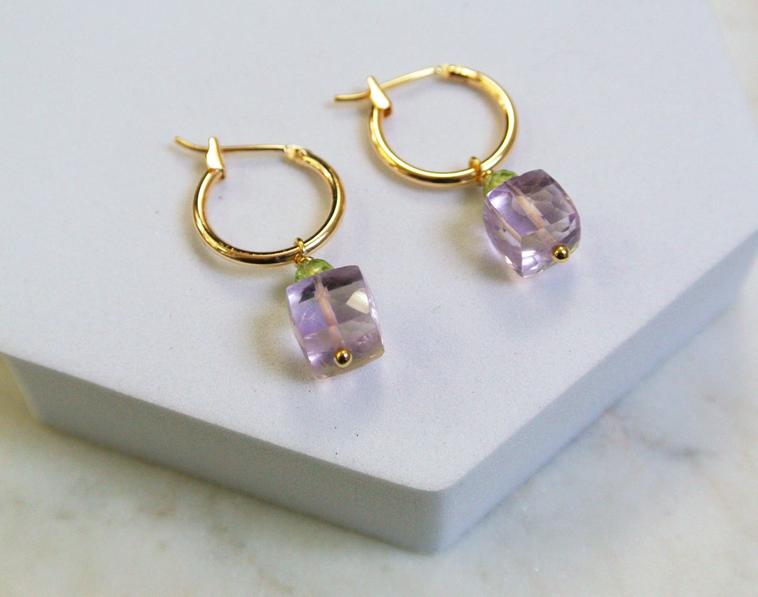 Light Amethyst Cube and Peridot Gold Hoop Earrings | Edgy Petal Jewelry