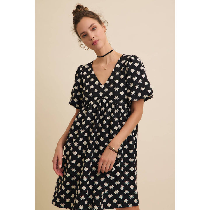 Embroidered Mini Dress with Puff Sleeves and Pockets