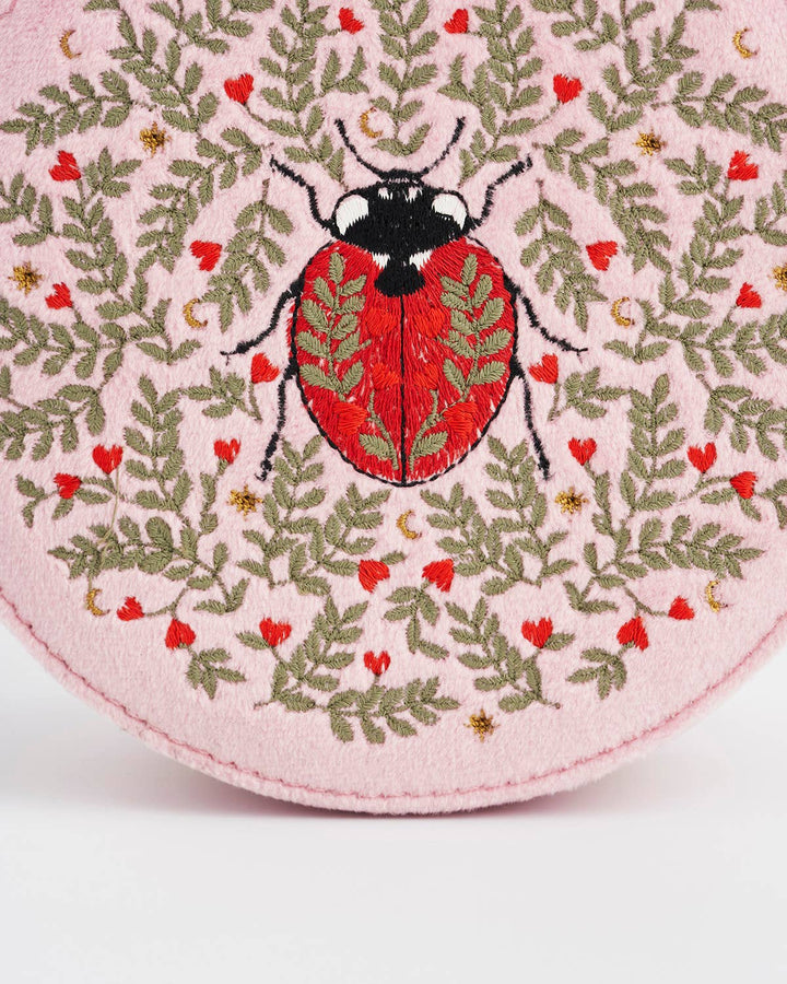 Ladybug Pink Velvet Embroidered Circle Jewelry Box