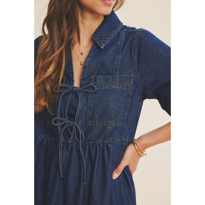 Dark Denim Washed Babydoll Midi Dress with Bow