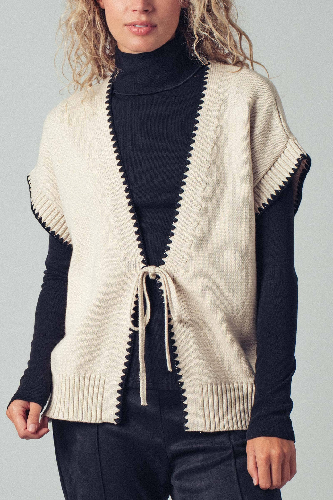 Crochet Trim Tie Front Knit Vest- 2 Colors