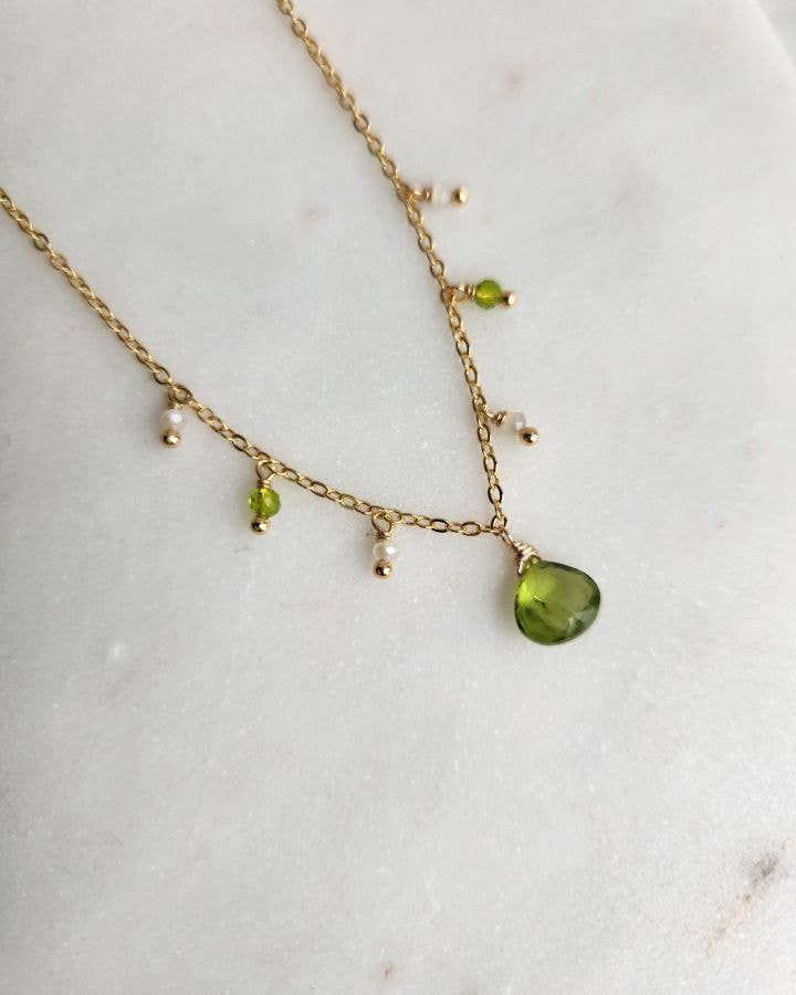 Peridot and Cream Crystal Gold Fringe Necklace