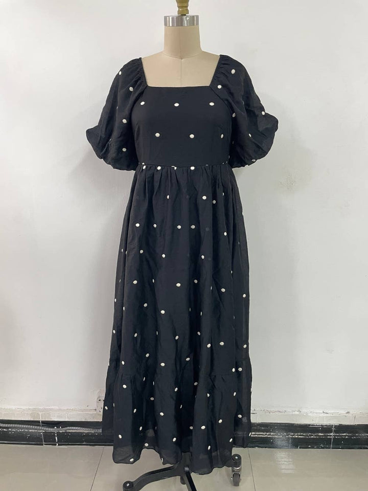 Embroidered Polka Dot Midi Dress