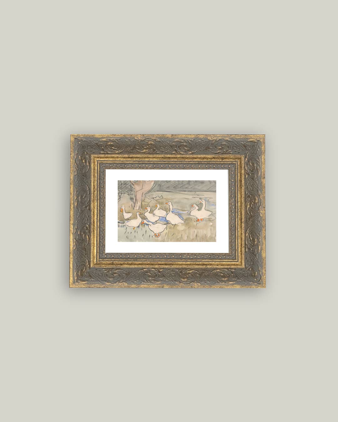 Geese Pond Framed Antique Art, 7x5