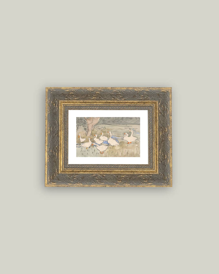 Geese Pond Framed Antique Art, 10x8