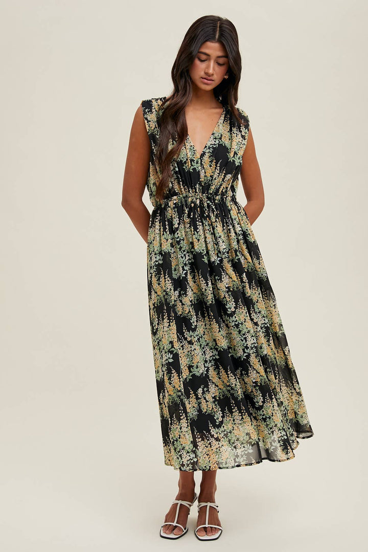 Floral Sleeveless Midi Dress in Black/Yellow