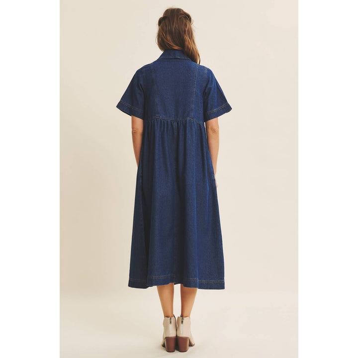 Dark Denim Washed Babydoll Midi Dress with Bow