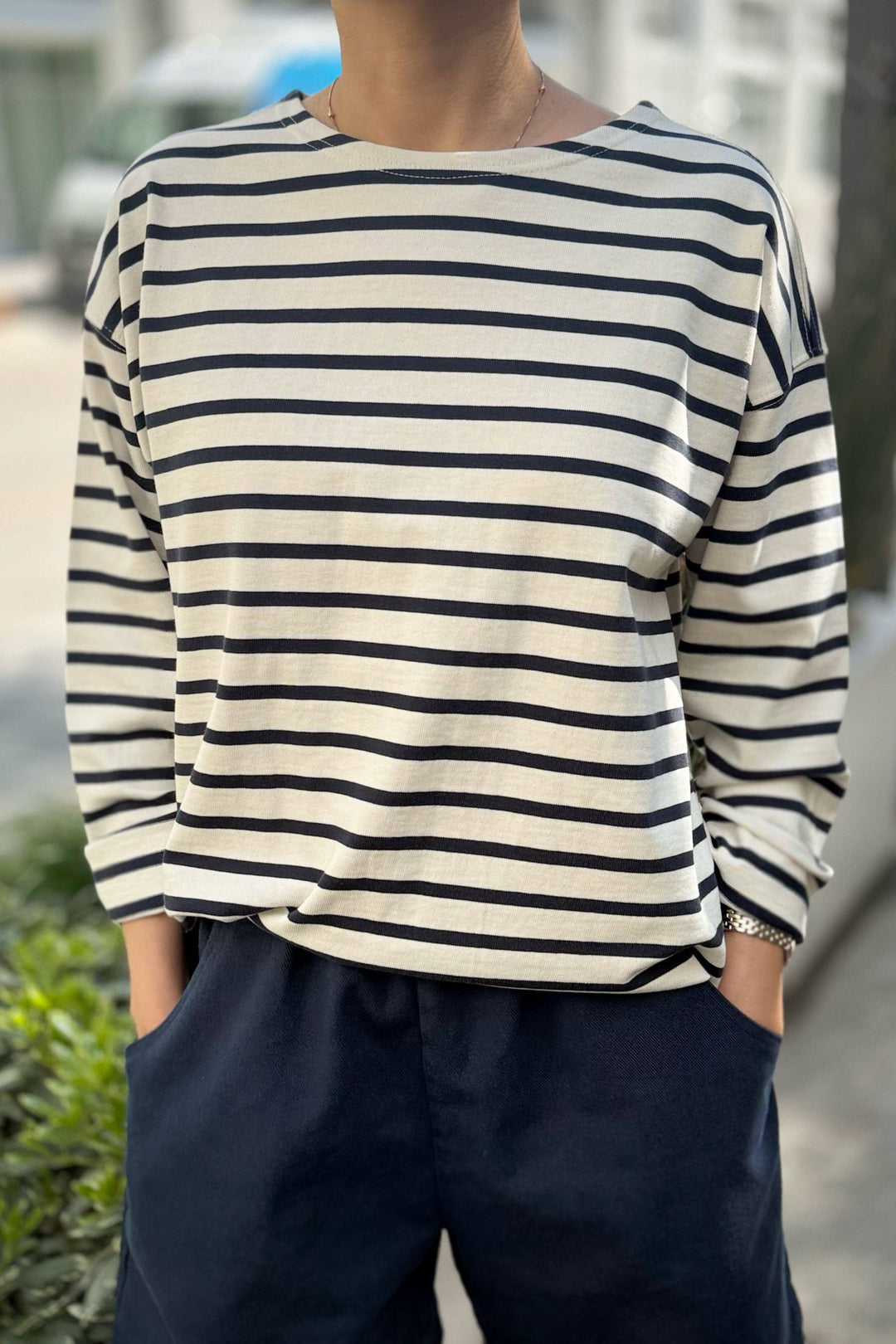 Marseille Top, Blue Stripe On Cream