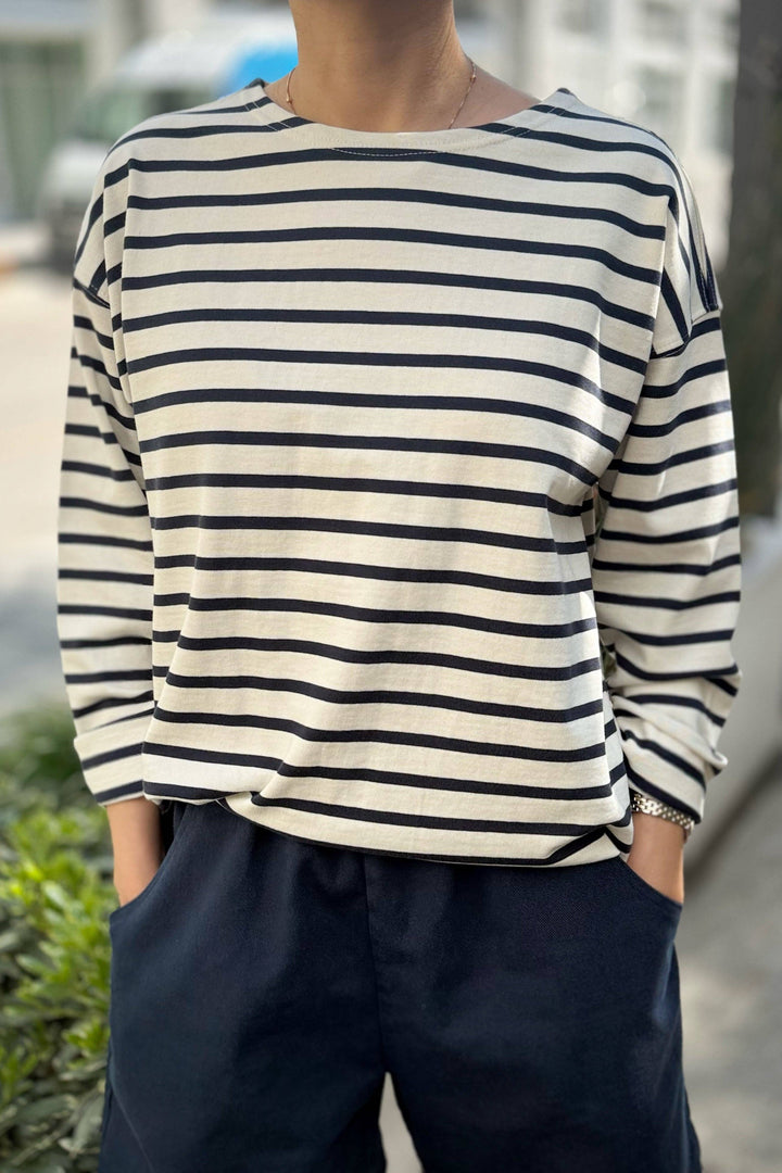 Marseille Top, Blue Stripe On Cream