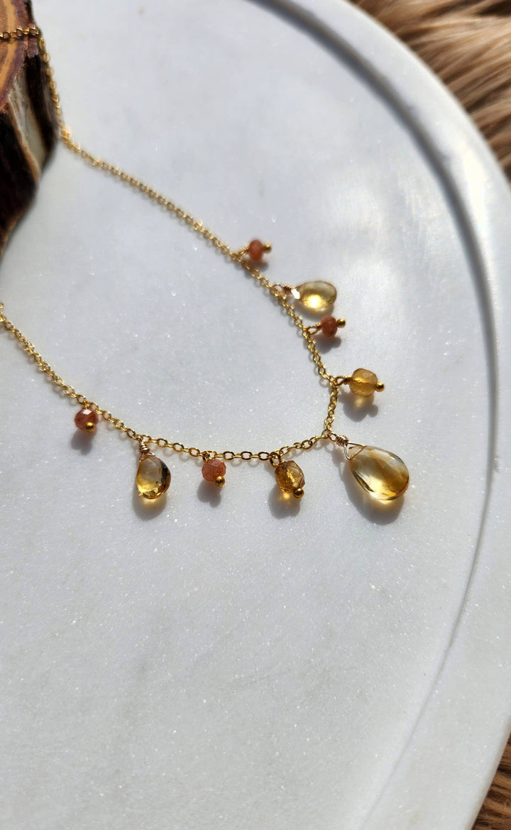 Citrine and Sunstone Gold Goddess Fringe Necklace