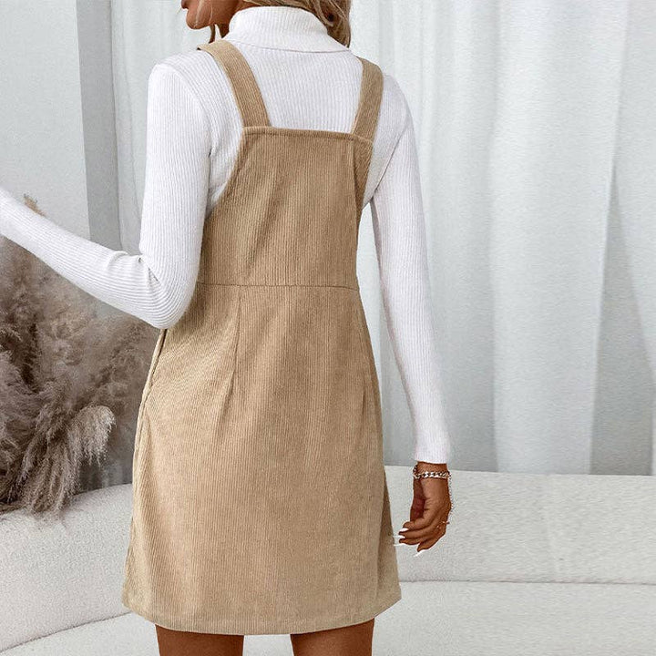 Corduroy Overall Dress with Pocket in Coffee