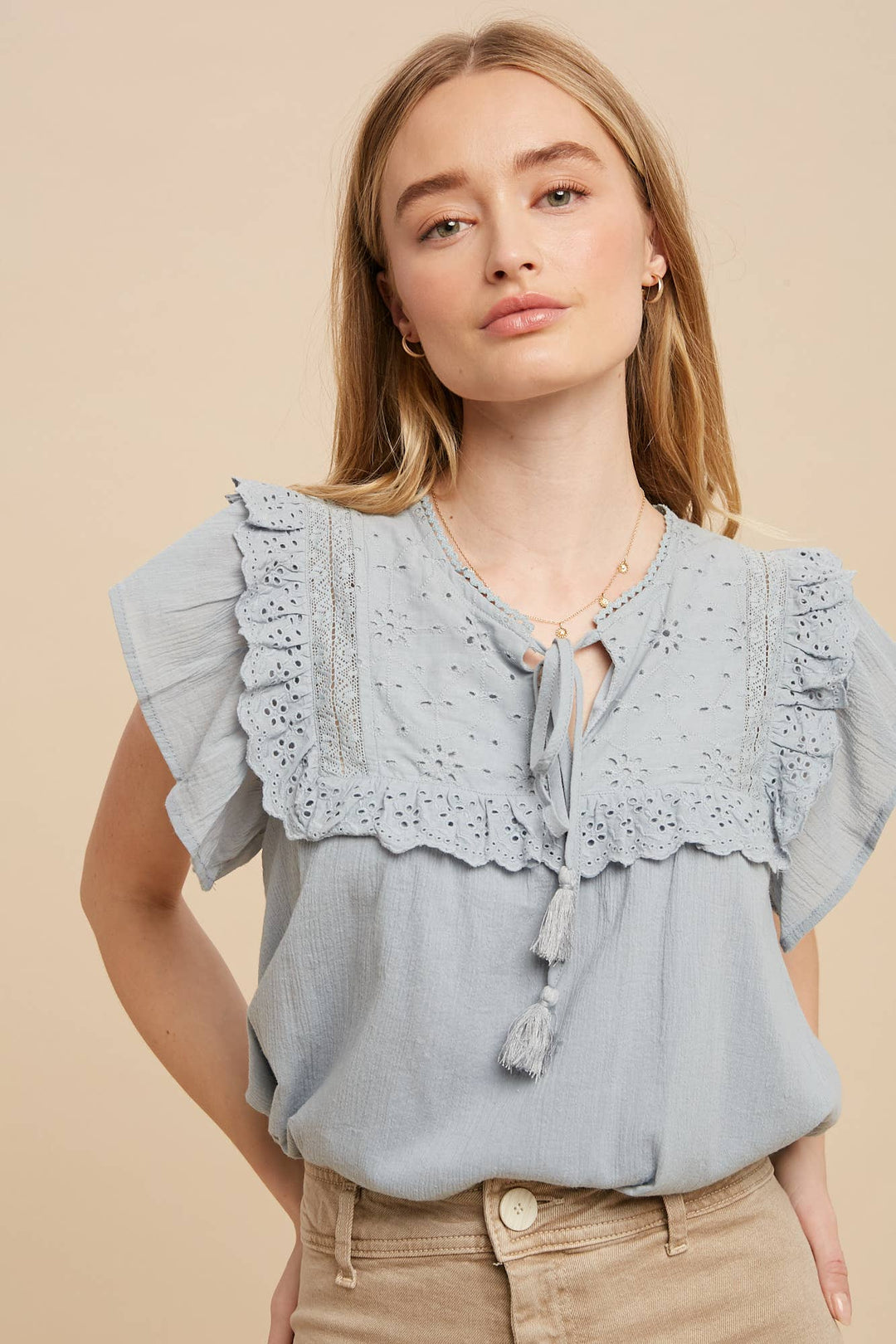 Eyelet Flutter Sleeve Tie Front Blouse