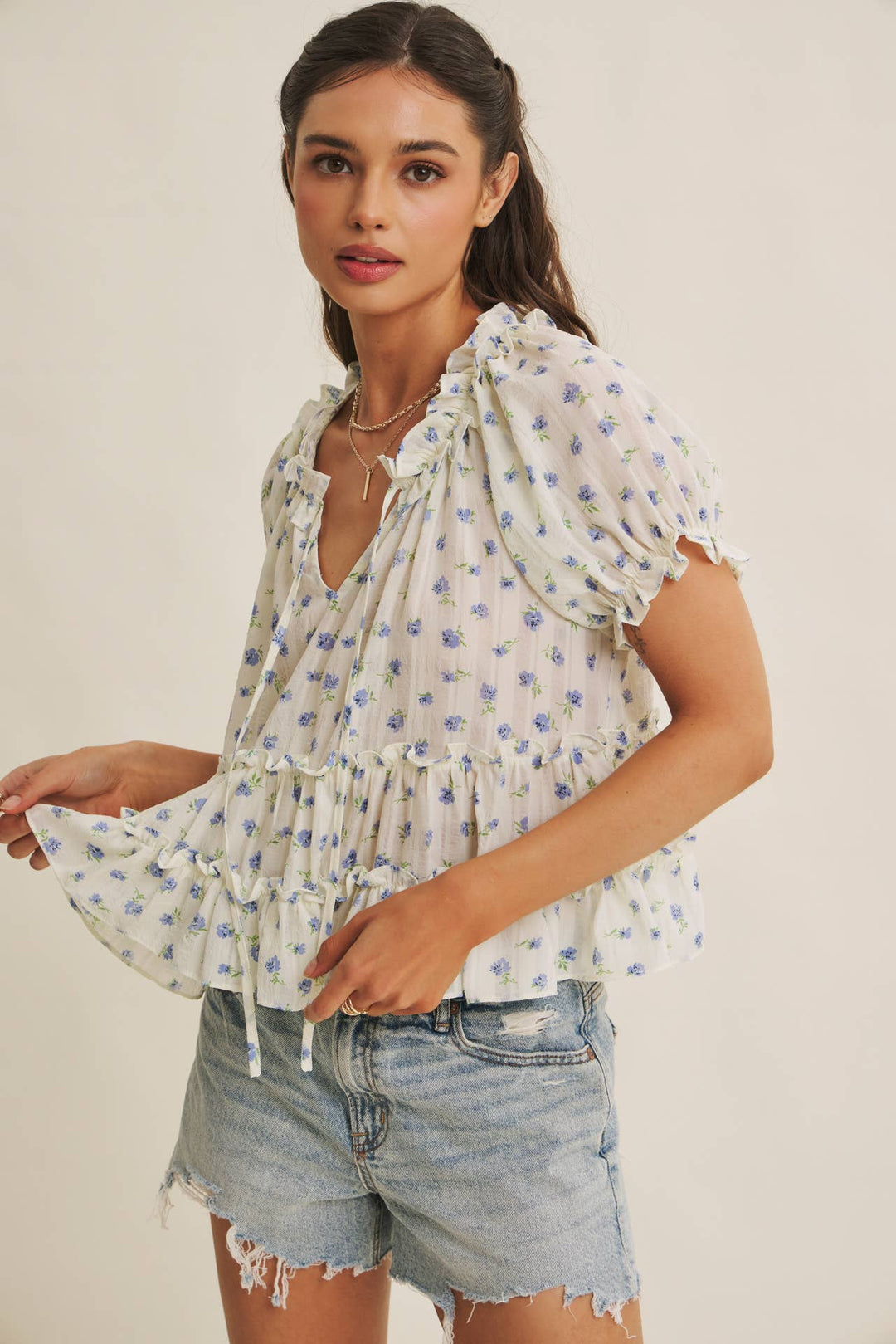 Textured Floral Ruffle Blouse
