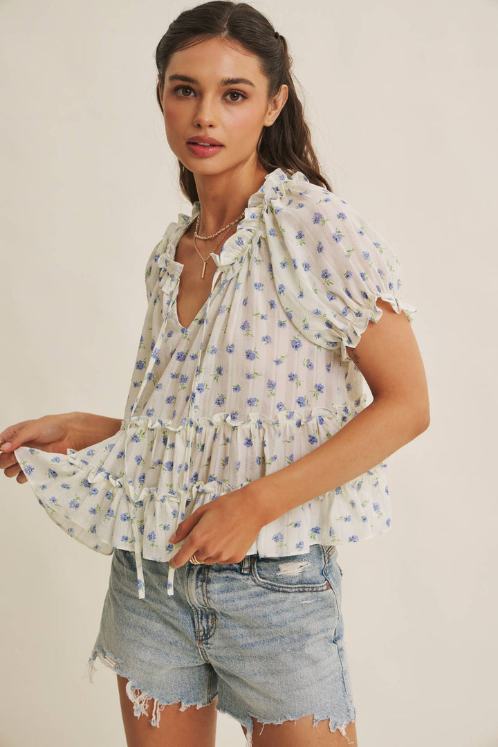 Textured Floral Ruffle Blouse