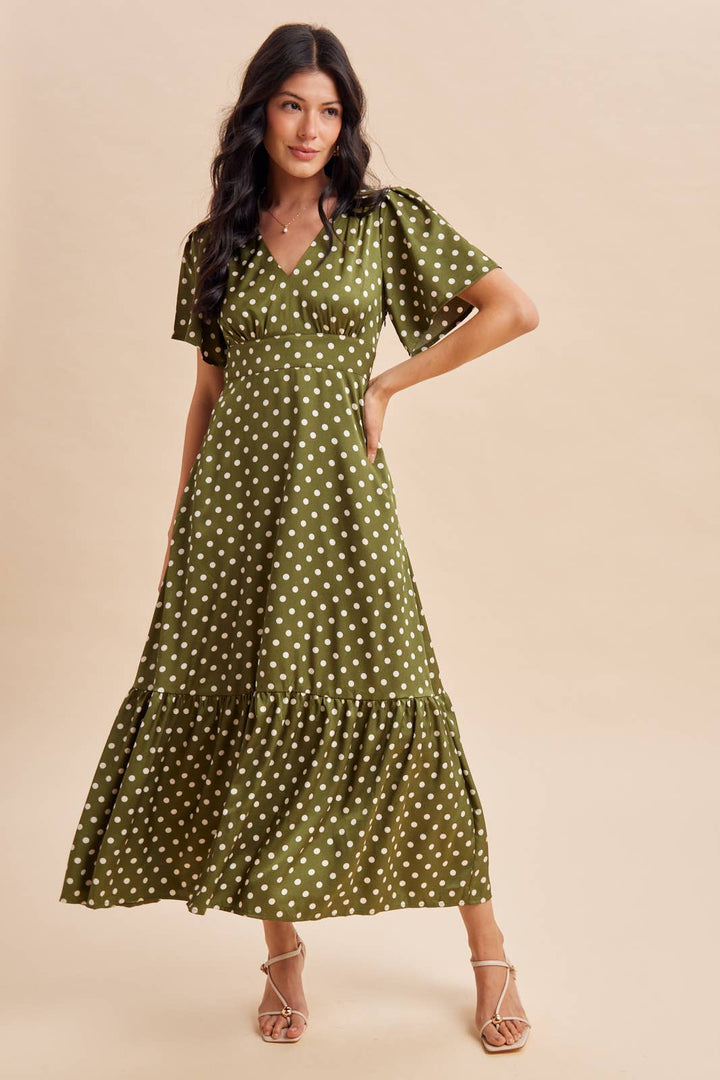 Polka Dot Flutter Sleeve Maxi Dress in Olive