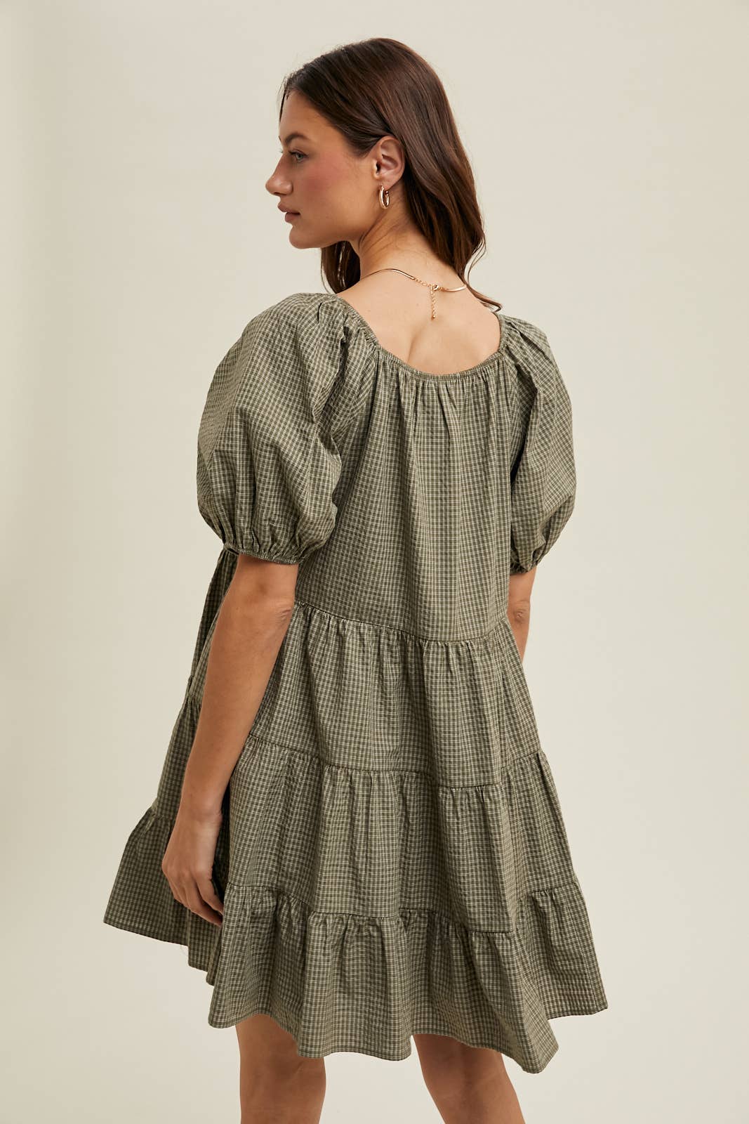 Olive Gingham Puff Sleeve Mini Dress
