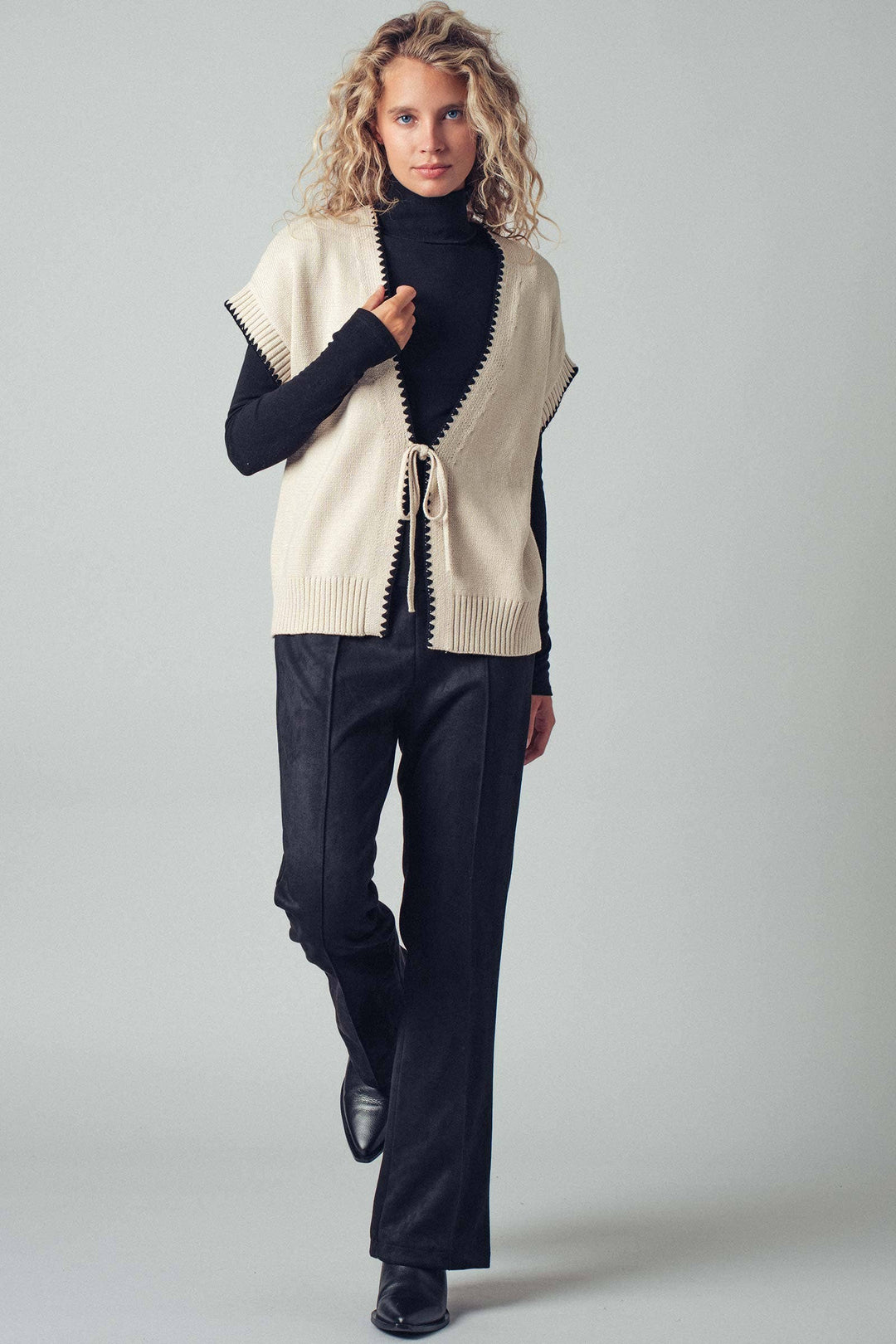 Crochet Trim Tie Front Knit Vest- 2 Colors