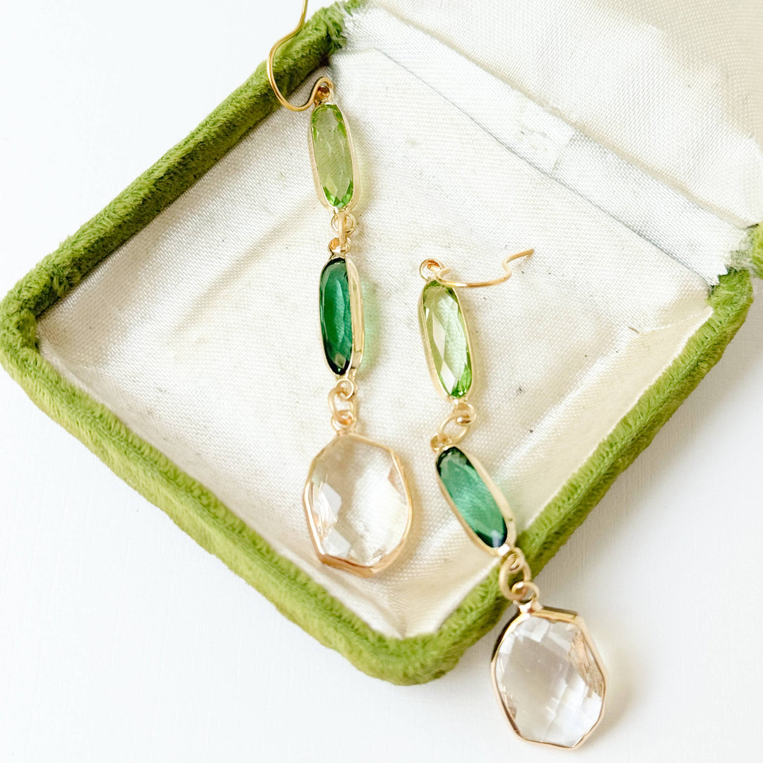 Green Clear Faceted Glass Dangle Earrings