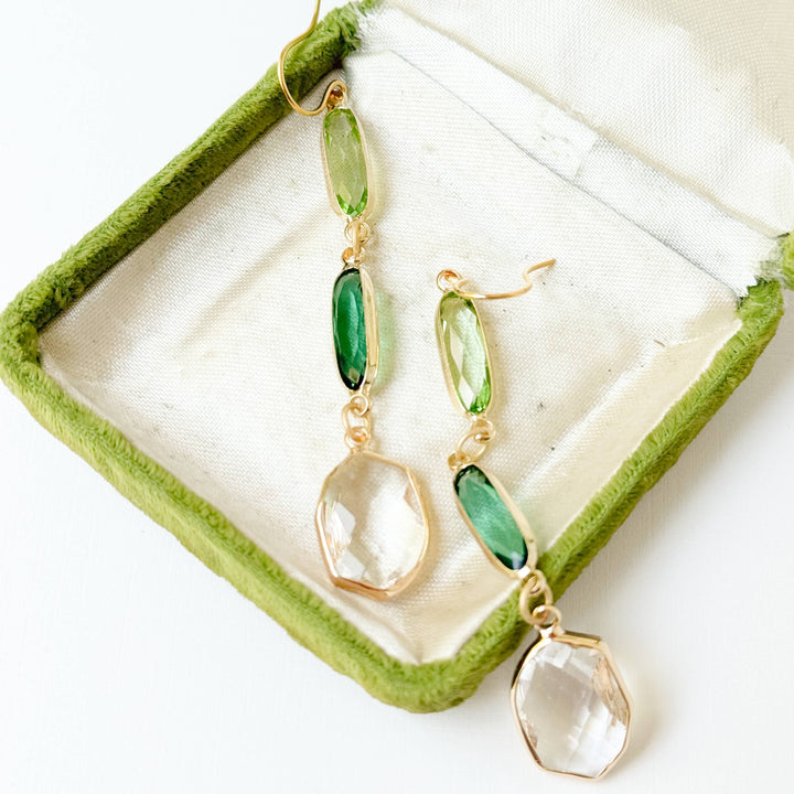 Green Clear Faceted Glass Dangle Earrings