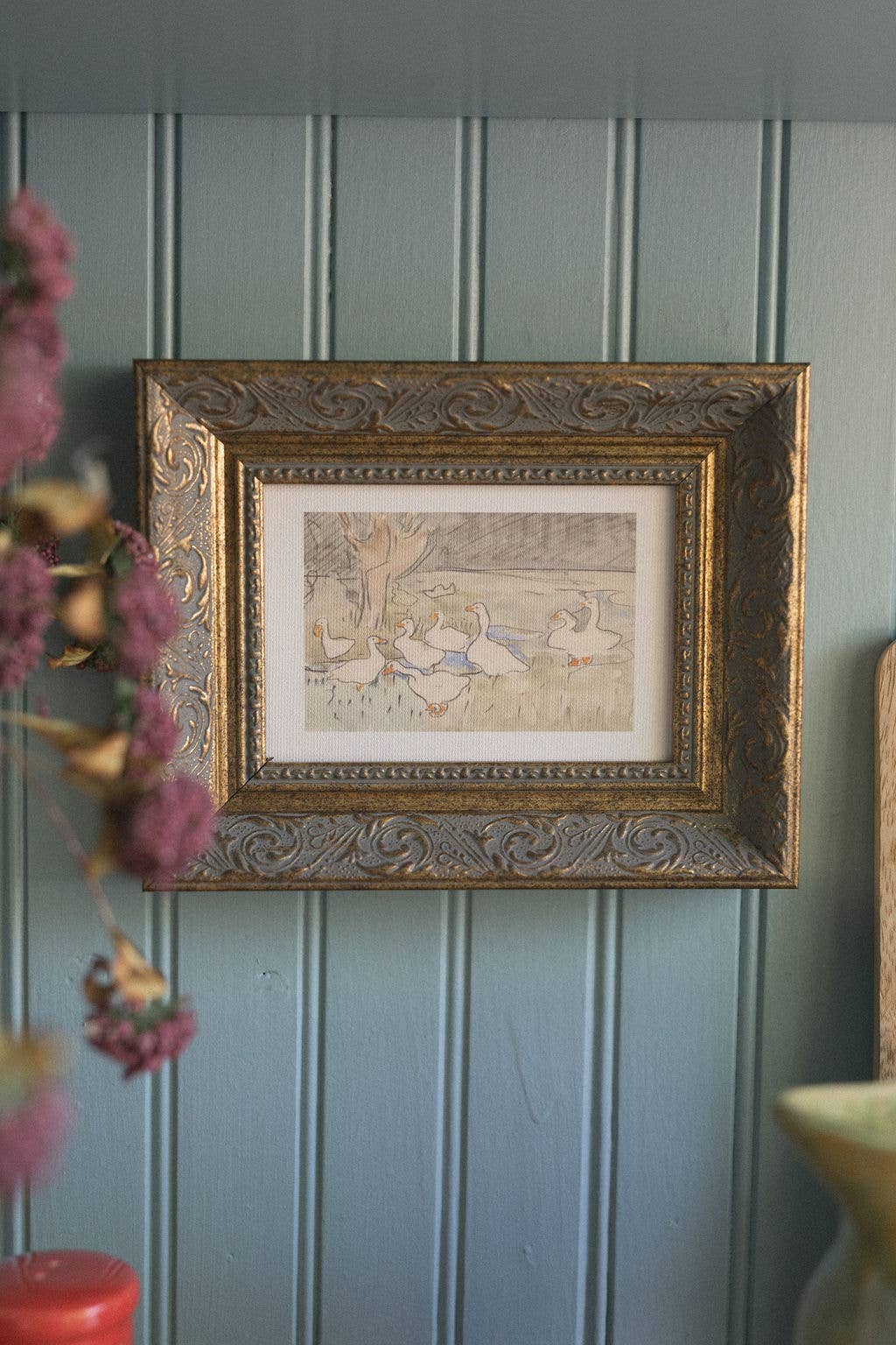 Geese Pond Framed Antique Art, 10x8