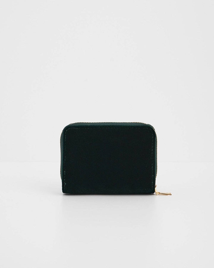 Hedgehog Embroidered Small Wallet in Forest Green Velvet