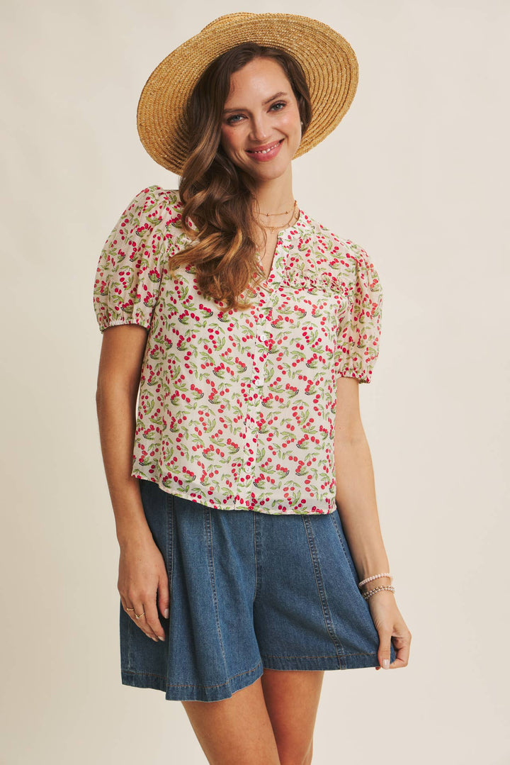 Cherry Puff Sleeve Button Down Blouse