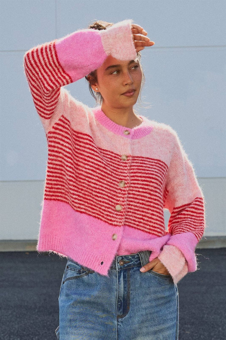 Striped Fuzzy Knit Cardigan in Pink