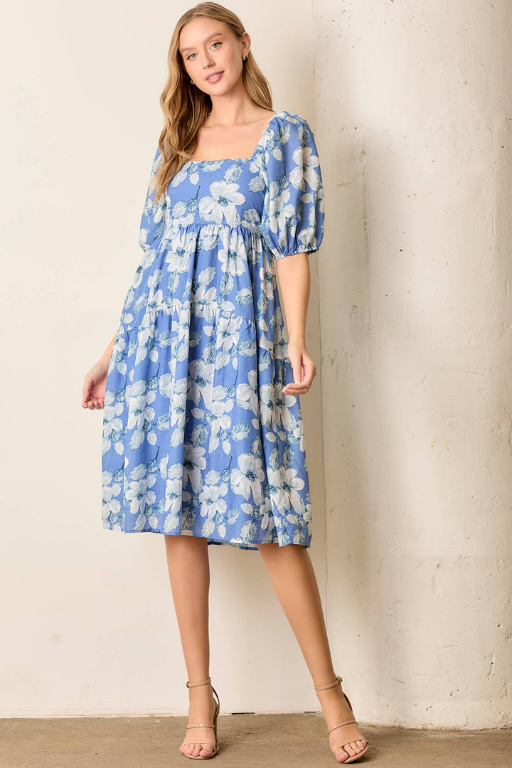 Blue Floral Square Neck Midi Dress