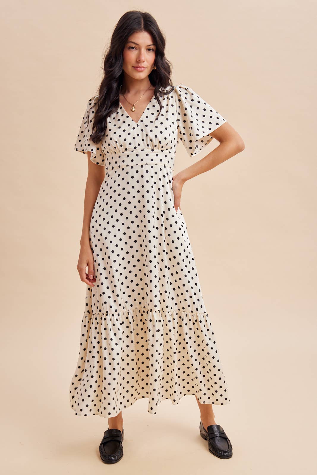 Polka Dot Flutter Sleeve Maxi Dress in Creme