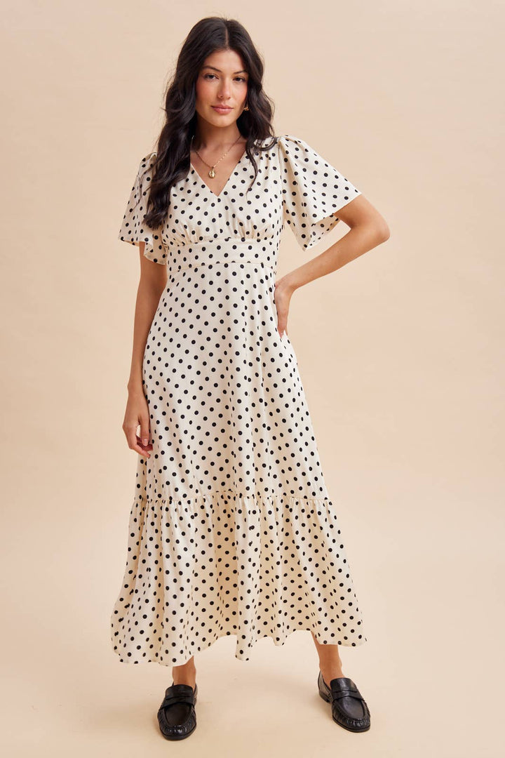 Polka Dot Flutter Sleeve Maxi Dress in Creme