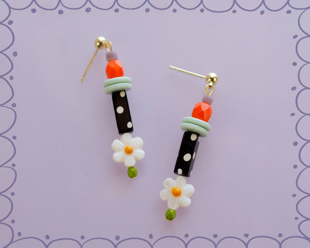 Petal Earrings, Black &amp; White Polka Dots
