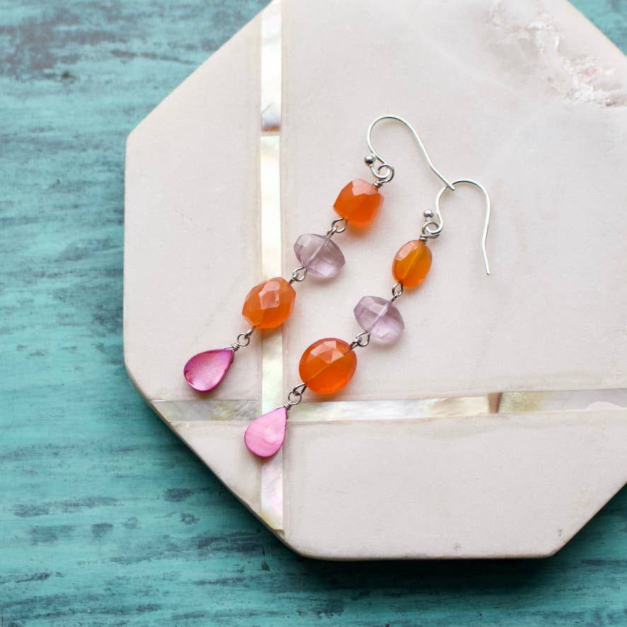 Semi-Precious Mismatched Earrings in Carnelain/Pink