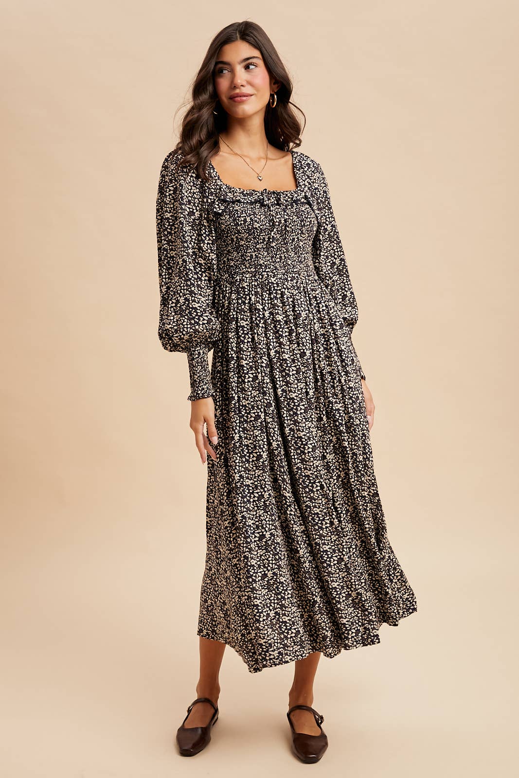 Smocked Ruffled Floral Maxi in Midnight