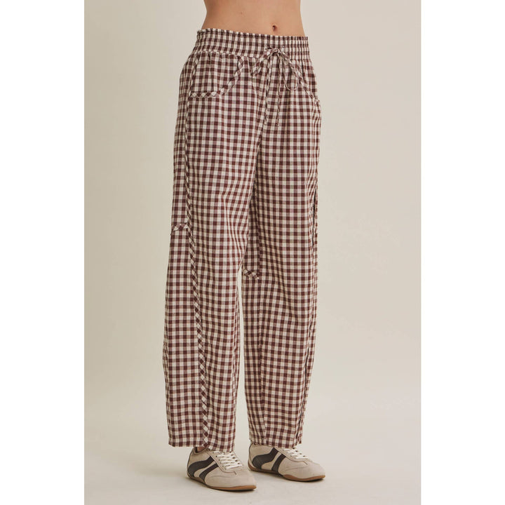 Relaxed Gingham Cotton Barrel Pants in Chocolate