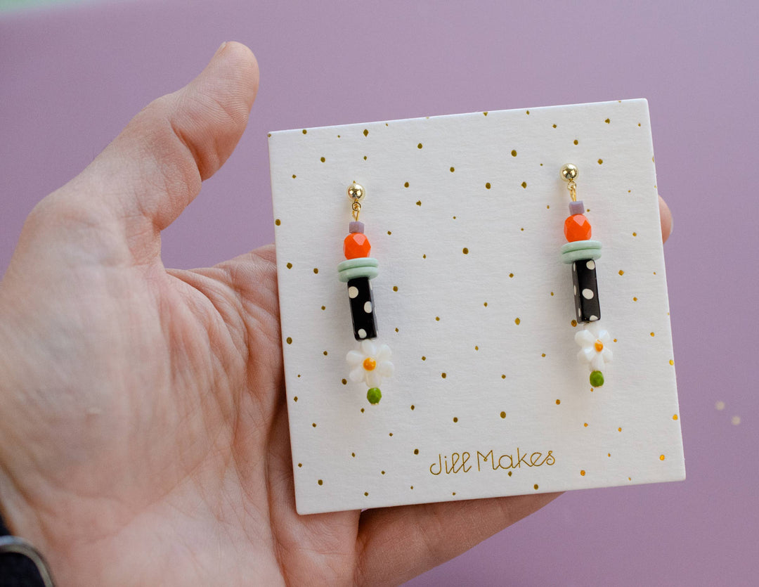 Petal Earrings, Black &amp; White Polka Dots