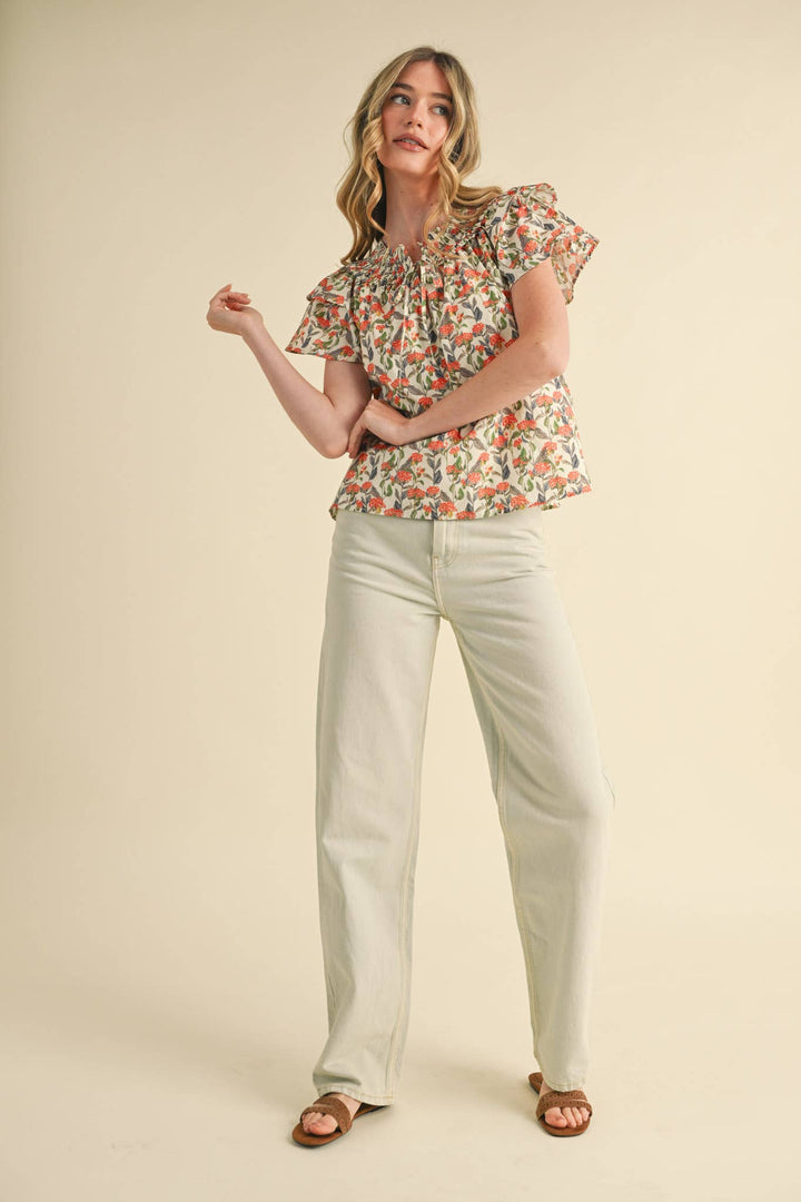 Floral Flutter Sleeve Smocked Top in Ivory