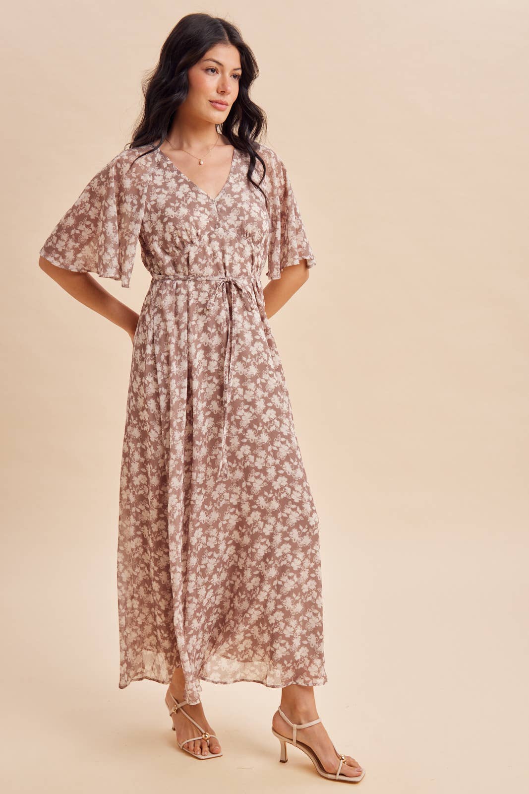 Flutter Sleeve Floral Maxi in Dark Taupe