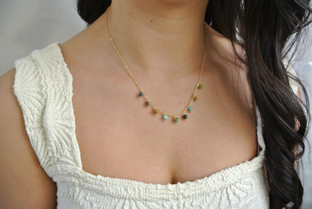 Multicolor Turquoise Beaded Gold Fringe Necklace