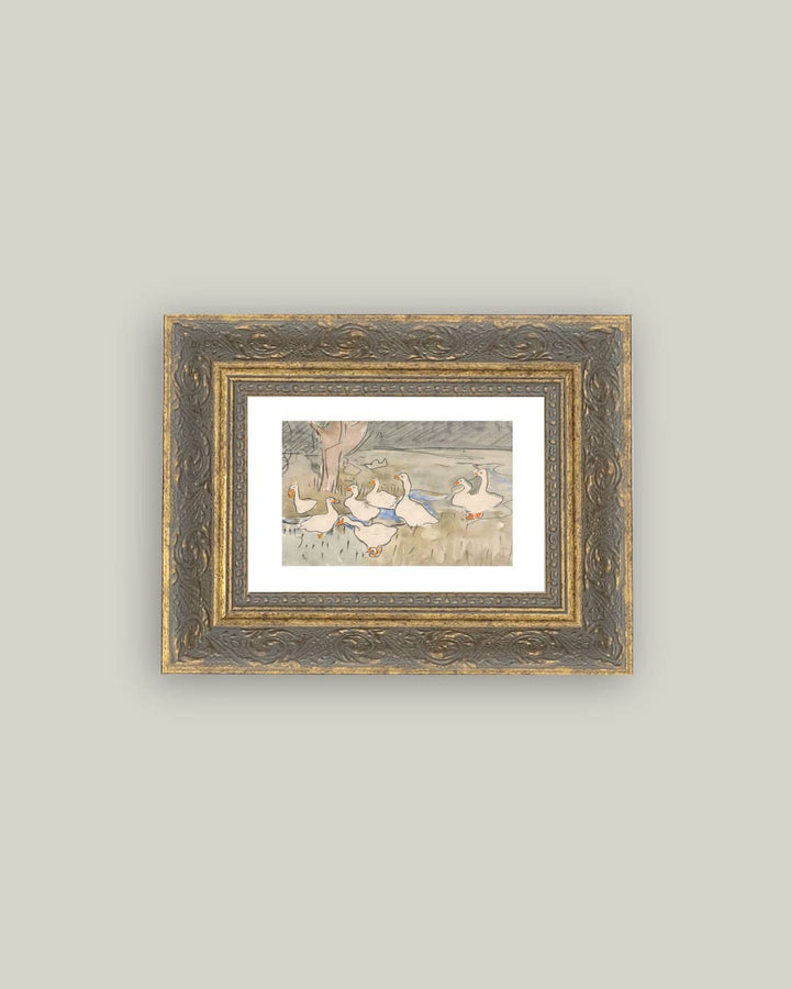 Geese Pond Framed Antique Art, 10x8