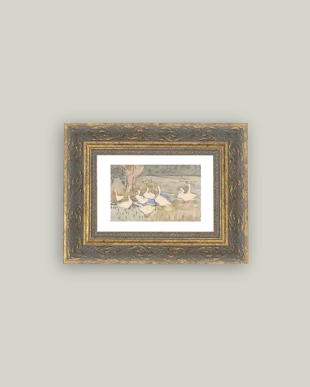 Geese Pond Framed Antique Art, 7x5