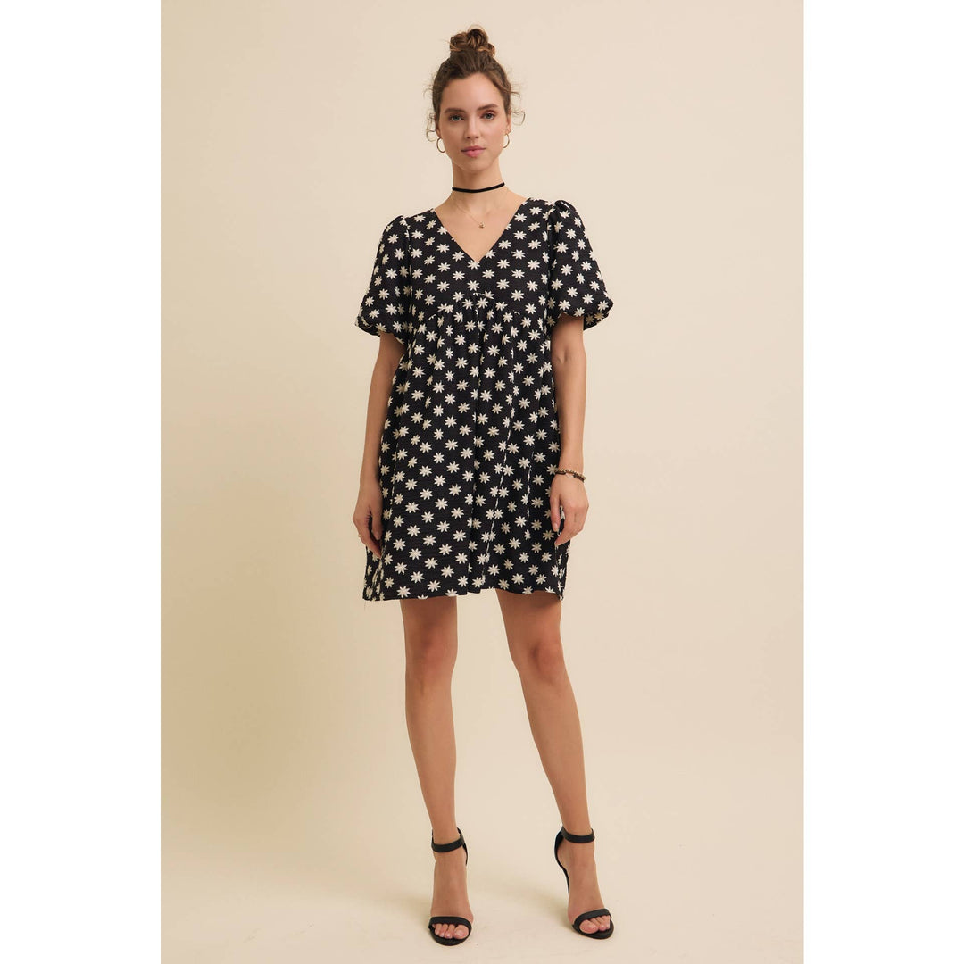 Embroidered Mini Dress with Puff Sleeves and Pockets