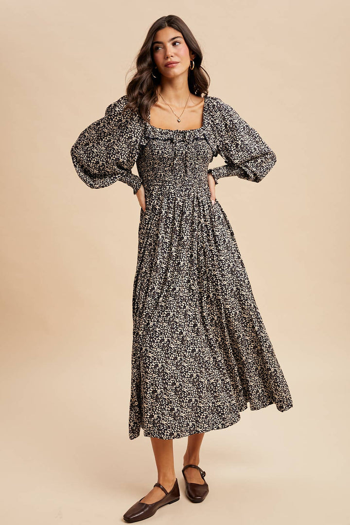 Smocked Ruffled Floral Maxi in Midnight