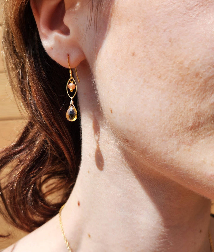 Citrine and Sunstone Dainty Gold Marquis Earrings